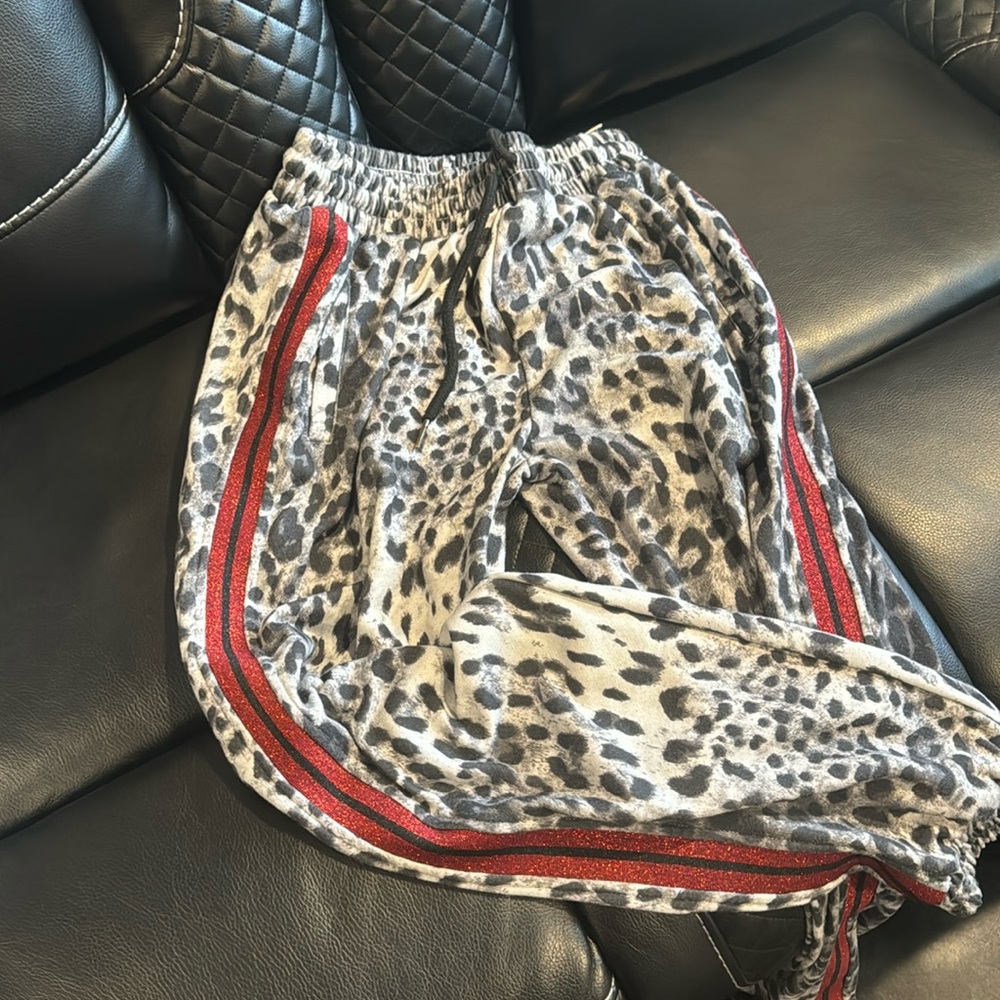 Leopard joggers with red and black side stripe